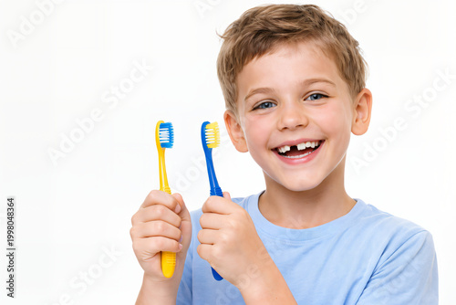 Smiling Child Holding Toothbrushes for Dental Care