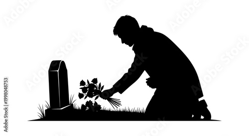 silhouette of man kneeling and placing flowers on grave
