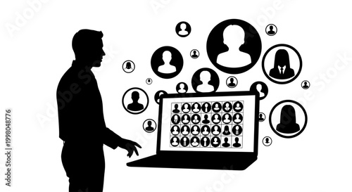 Silhouette of man interacting with laptop surrounded by social media profiles