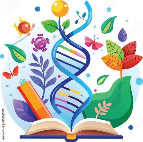 dna helix with nature elements and open book on science education background for Conservation Education, Great for Commercial Use in Eco-Conscious Branding and Environmental Design