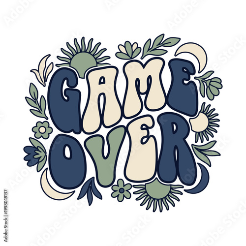 Game over retro graphic with leaves and sun elements t shirt finished illustration statement merchandise iconography stylized colorful abstract decoration celebration