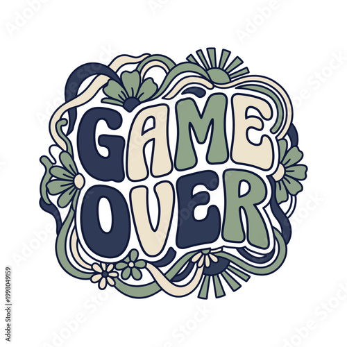 Retro groovy game over text design with wavy lines and stylized floral elements video game old school t shirt typography illustration aesthetic decorative merchandise challenge