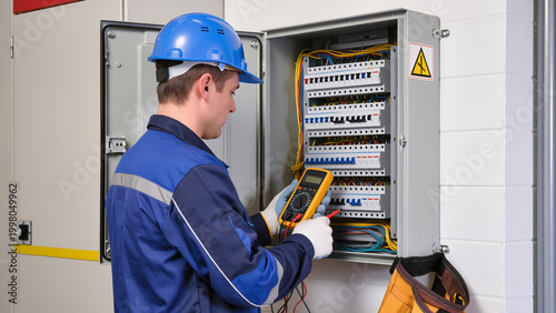 Photos electrician at work,
Technician inspects industrial electrical panel