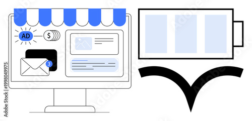 E-commerce, online advertising, digital marketing, productivity, technology, startup concepts. Monitor with storefront UI, ad notifications battery icon. E-commerce and online advertising