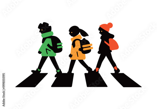 横断歩道を安全に渡る子供たちのシンプルアイコン