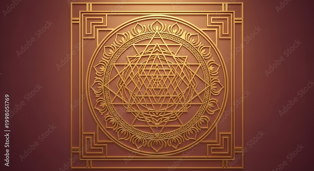 Obraz premium Intricate golden Sri Yantra sacred geometry mandala for meditation, spirituality, and divine wall art.