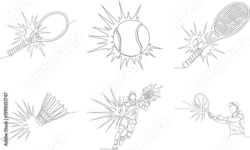 Continuous line drawing of tennis and badminton sports action figures and equipment including rackets balls and shuttlecocks set.