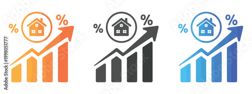 House price growth icon, percentage increase symbols, colorful real estate charts, property market rise concept, vector illustration