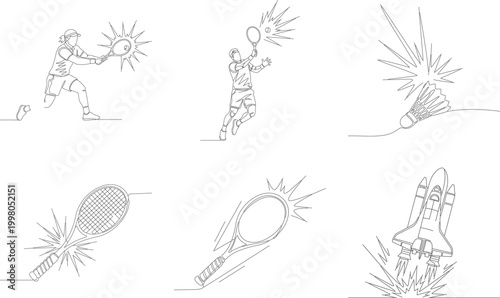 Continuous line drawing collection of tennis and badminton sports icons with players rackets shuttlecocks and spacecraft motion effects.
