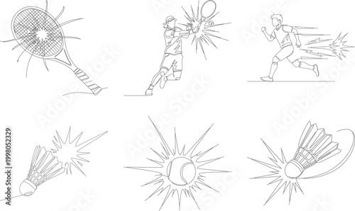 Outline drawing of sport action and equipment. tennis racket and player outline drawing. badminton shuttlecock and tennis ball drawing.