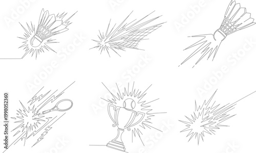 Collection of sport related line art icons showing rackets shuttlecocks and trophies with dynamic motion effect.