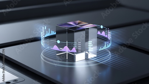 Holographic data analytics interface surrounding a reflective cube on futuristic surface.