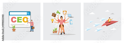 SEO Rising Arrow Search Box. Hands Handle Multitasking Job. Businessman Lead Other Paper Airplane.