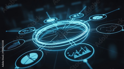 Futuristic circular network interface with glowing data points.