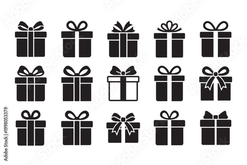 Set of black gift box silhouettes with different ribbon styles and bows for commercial packaging icons isolated on grid background vector illustrations.