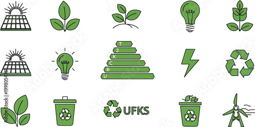 Eco friendly icons depict recycling and sustainable living concepts in illustration.