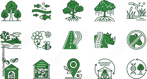 Green icons illustrate various eco friendly concepts and nature symbols on white background 