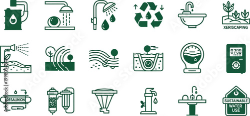 Illustrations of sustainable water use and conservation methods in daily life and industry 