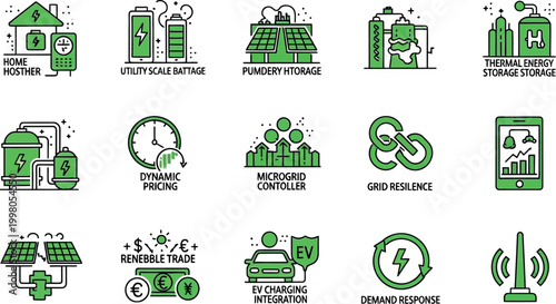 Green energy icons illustrate sustainable power solutions for  modern homes and businesses