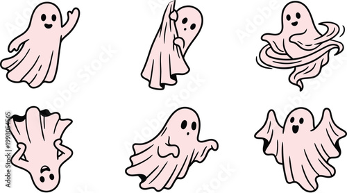 A set of six cute pink ghost characters in various playful poses isolated on white background