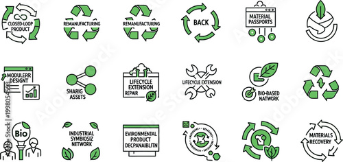 Circular economy concepts illustrated in green and black icons on white background 
