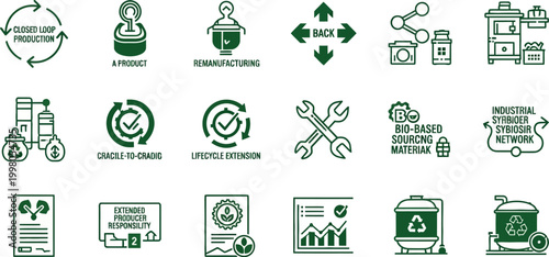 Illustrations of sustainable industrial processes and eco-friendly manufacturing icons for business and technology