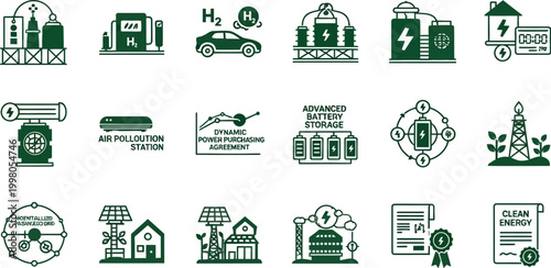 Green energy icons depict eco-friendly power solutions for sustainable future .