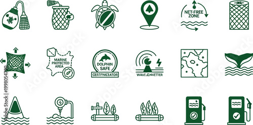 Green icons depict marine conservation and eco-friendly practices near  location..