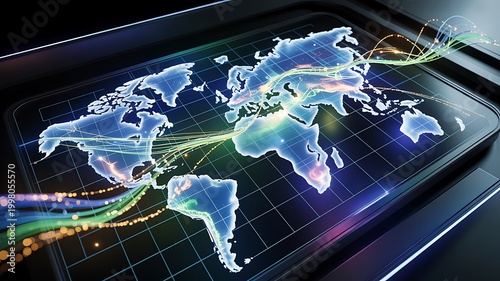 Global network connectivity with digital world map and light streams moving.