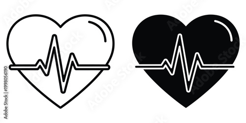 Heartbeat line icon in black and white outline and filled styles