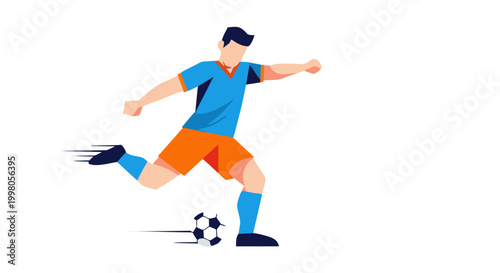 Colorful illustration of a soccer player kicking the ball in dynamic motion, modern flat vector style.