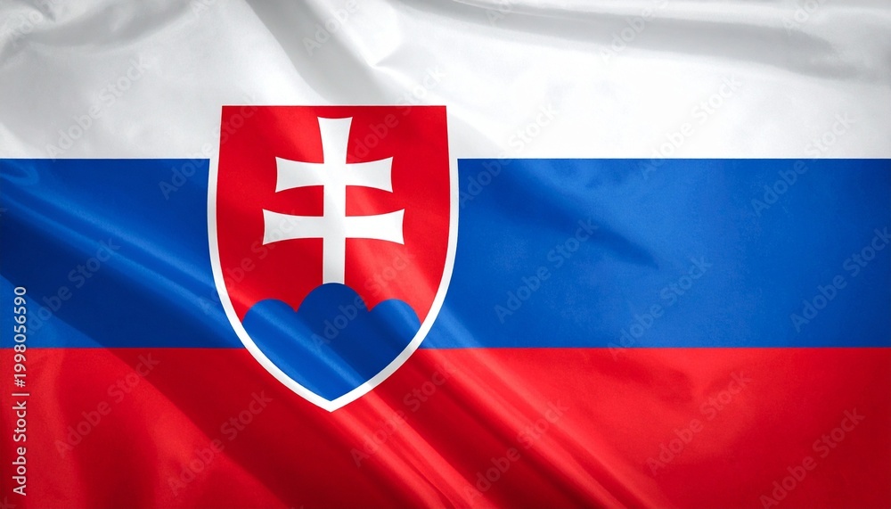 Fototapeta premium Slovakia national flag waving fabric with tricolor and coat of arms shield realistic lighting detailed folds high-resolution texture composition