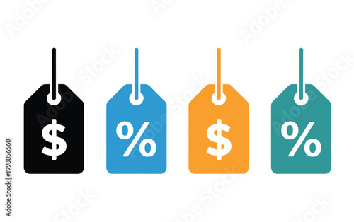 Price tag icon, colorful discount sale labels, retail promotion symbols, shopping offer concept, white background, vector illustration