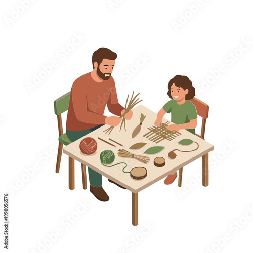A man and a child sitting at a table crafting with various materials together indoors.