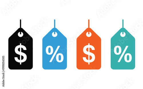 Price tag icon, colorful sale discount symbols, retail promotion labels, shopping offer concept, isolated white background, vector illustration