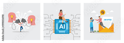 Connects Light Bulb Idea. AI Artificial Intelligence Chip. Job Offer Conversation.