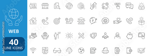 Modern web and business line icons set with communication, finance, technology, marketing, user interface and office symbols collection minimal outline vector pack