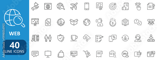 Modern web and business line icons set with communication, finance, technology, marketing, user interface and office symbols collection minimal outline vector pack