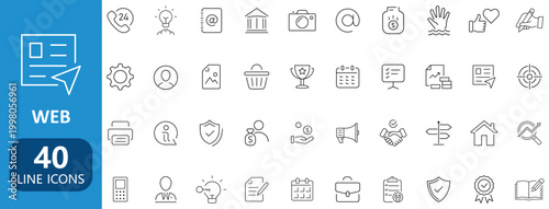 Modern web and business line icons set with communication, finance, technology, marketing, user interface and office symbols collection minimal outline vector pack