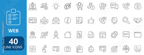 Modern web and business line icons set with communication, finance, technology, marketing, user interface and office symbols collection minimal outline vector pack