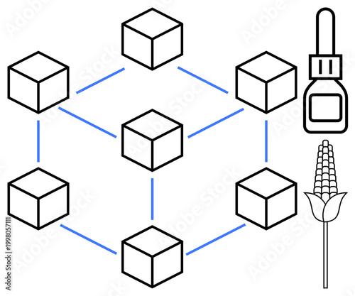 Blockchain integration, agriculture, supply chain, transparency, food tracking, farming technology. Digital blocks connect systematically. Blockchain integration and agriculture concepts