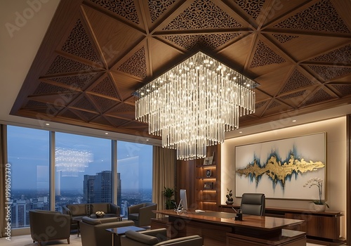Elegant office interior with chandelier large windows and decorative ceiling