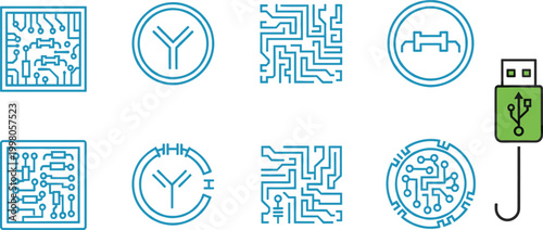 Electronic circuit board icon set featuring blue line art of microchips processors motherboard patterns and a green USB flash drive connector vector illustration.