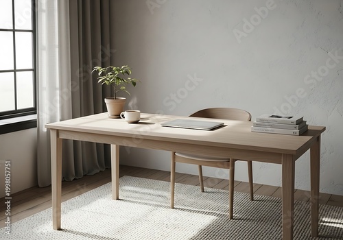 Minimalist workspace wooden desk with chair books and plant by window