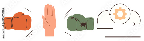 Conflict management, negotiation, teamwork, process efficiency, problem-solving, workflow. Two boxing gloves, open hand gear cycle arrow. Conflict management and negotiation through imagery