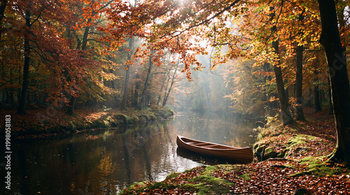 Calm Autumn River Forest Print With Colorful Leaves Soft Light And Peaceful Winding Water