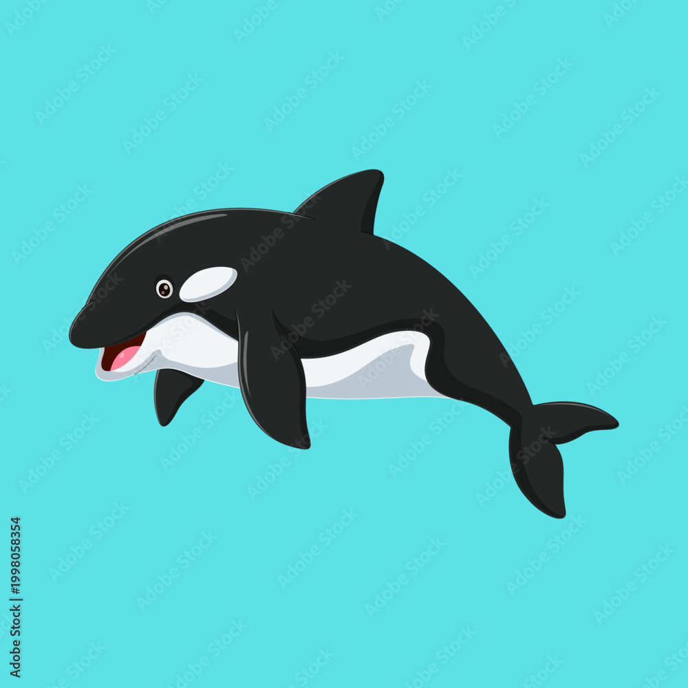 Fototapeta premium Cute Orca Cartoon Character Illustration - Friendly Killer Whale Vector Art Isolated on Blue Background for Marine Life Education and Kids' Design