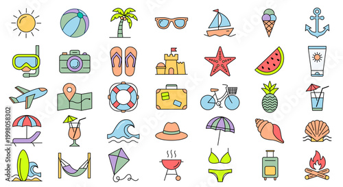 Summer Icons Vector Set — 35 Beach, Travel and Vacation Flat Line Art Elements in Pastel Colors