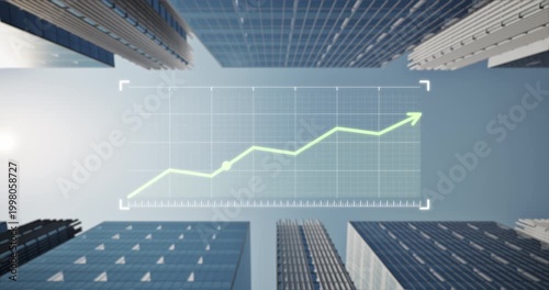 Dynamic rising green graph with upward arrow over backdrop of towering skyscrapers, clear sky. Symbolizes real estate investment growth, increasing property value and strong market performance.