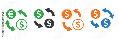 Currency exchange icon, green black orange blue variants, money conversion symbols, finance transfer concept, vector illustration
